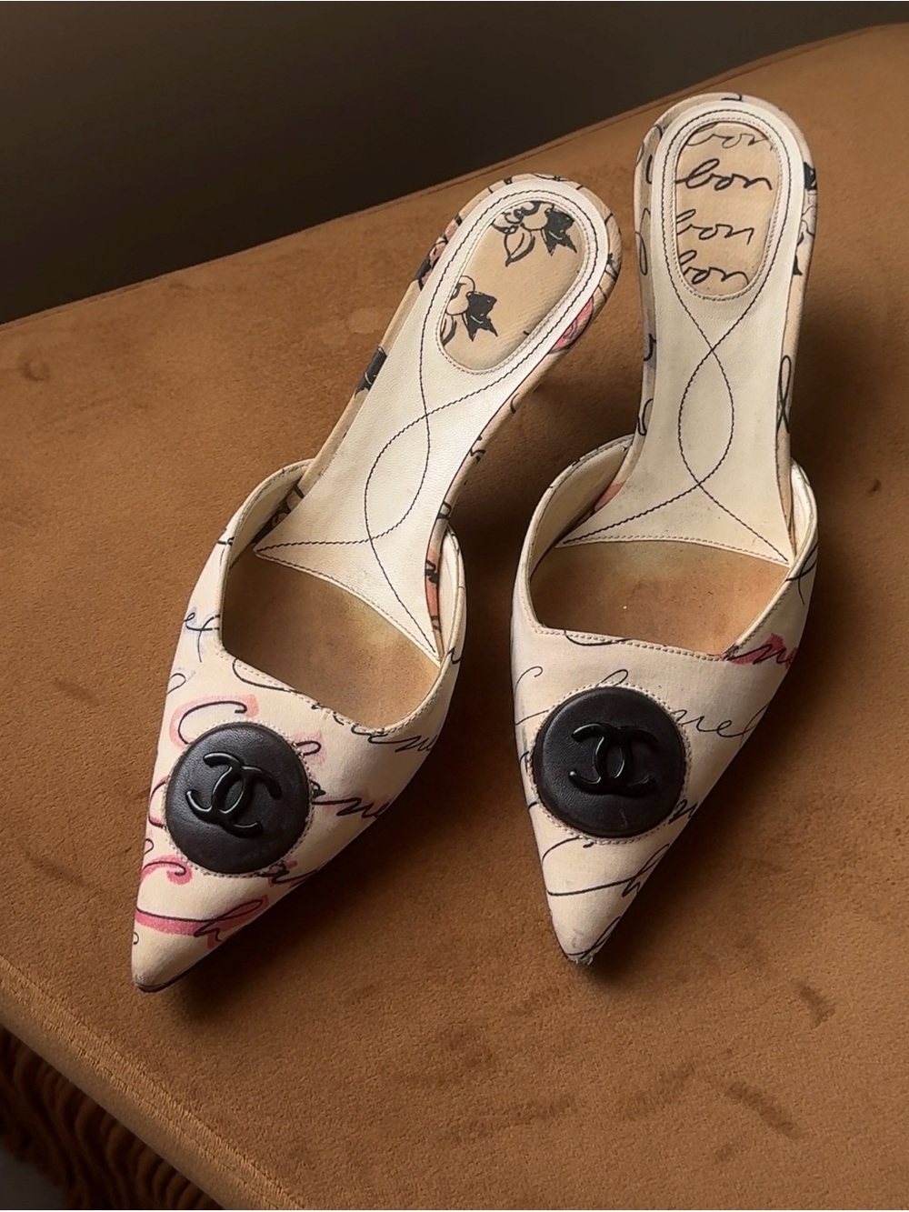 vintage chanel script floral cc kitten heel mules